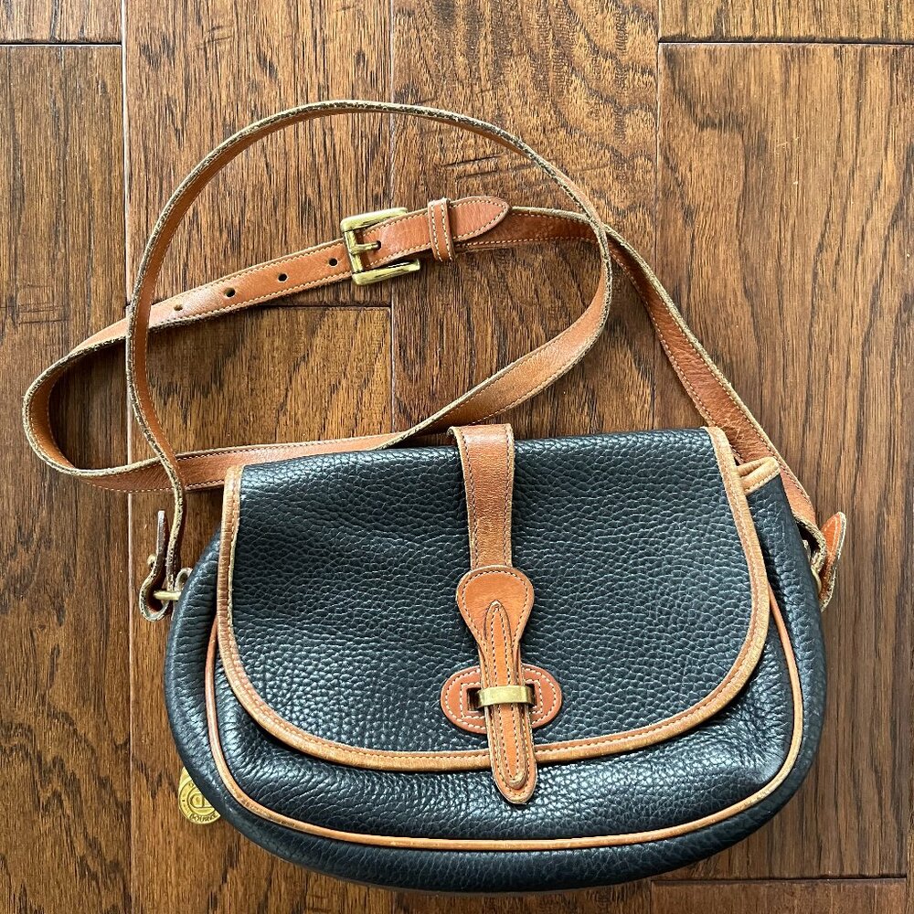 Dooney & Bourke Vintage Black Pebble Leather Brown Trim Spectator Crossbody Bag